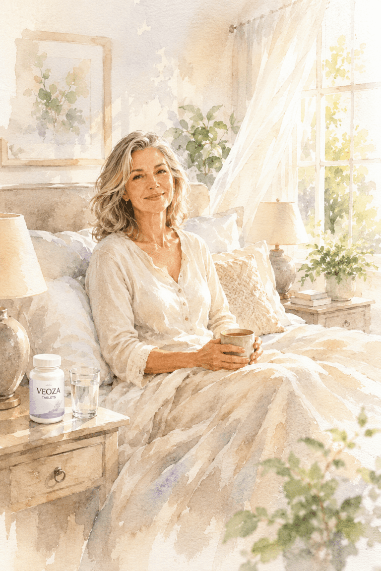 Middle-Aged-Woman-Sitting-in-Bed-with-Veoza-on-the-Side